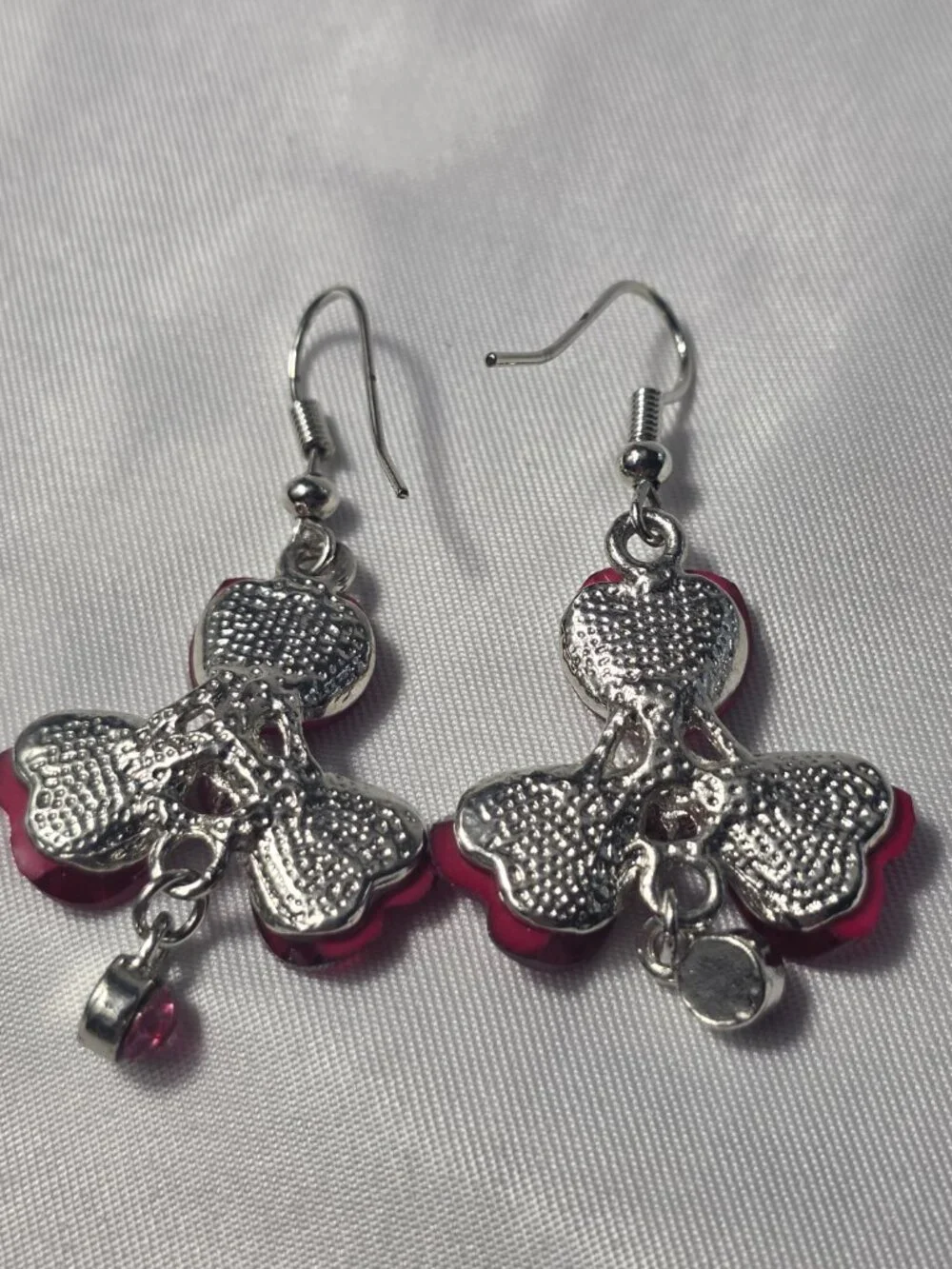 Red Floral Silver Tone Dangle Earrings with a Pink Dangle Charm French Wire